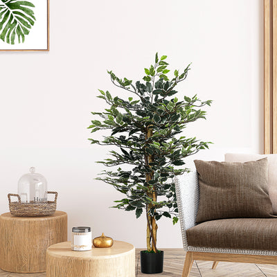 HOMCOM Artificial Ficus Tree in Pot, 130cm Tall Fake Plant with Lifelike Leaves and Natural Trunks, for Indoor Outdoor, Green 
