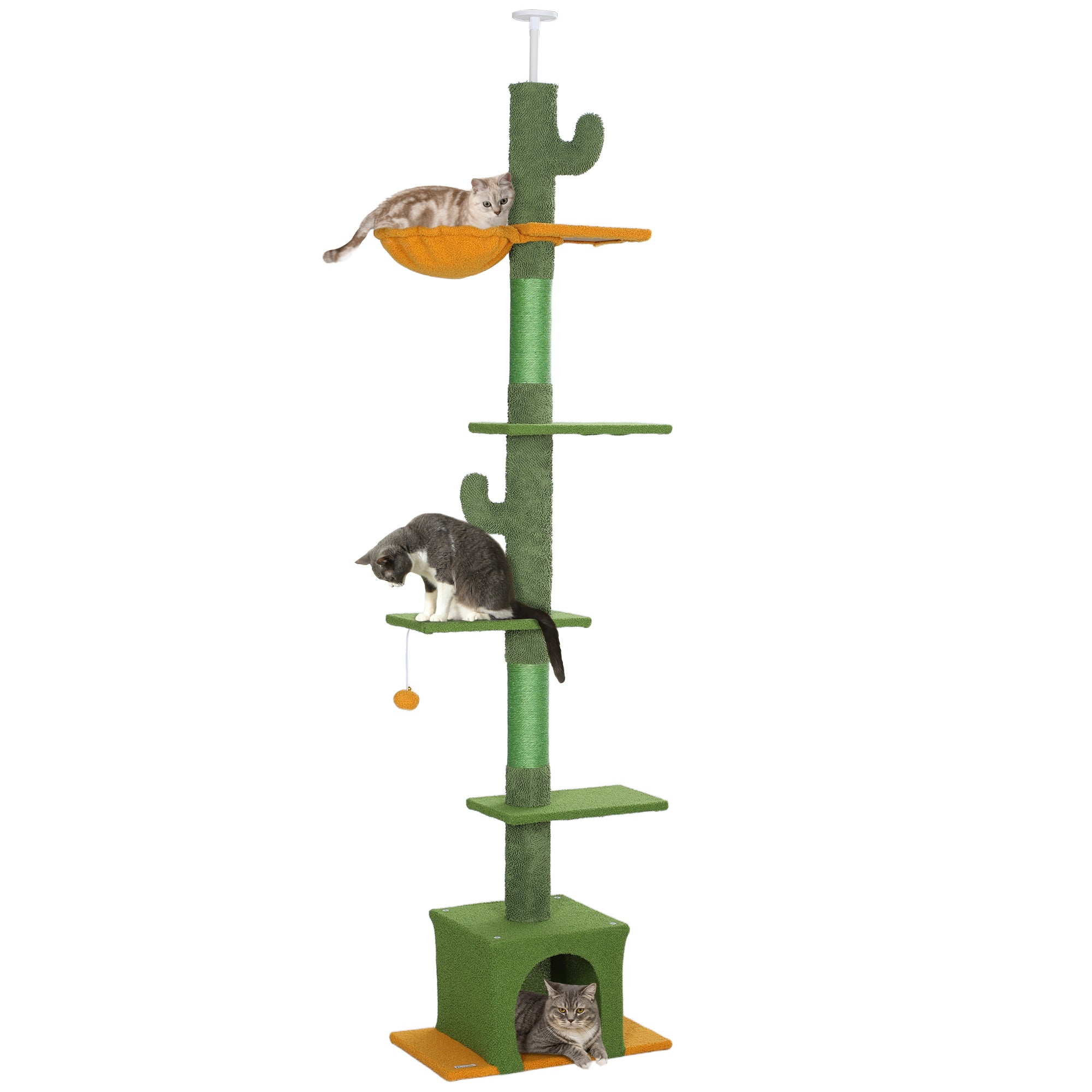 PawHut 230-275cm Floor-to-Ceiling Adjustable Cat Tree with Scratching Posts, Hammock 
