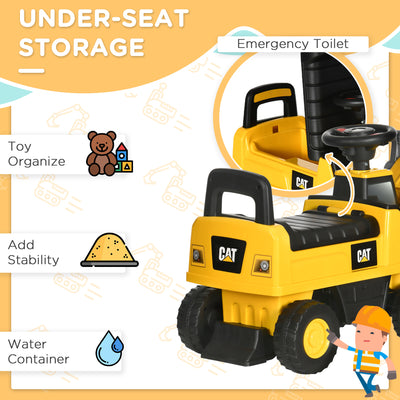 HOMCOM CAT Licensed Kids Construction Ride-On Toddler Digger Excavator Foot-To-Floor Ride-On Toy w/ Manual Shovel, Horn, Hidden Storage, for Ages 1.5-3 Years 