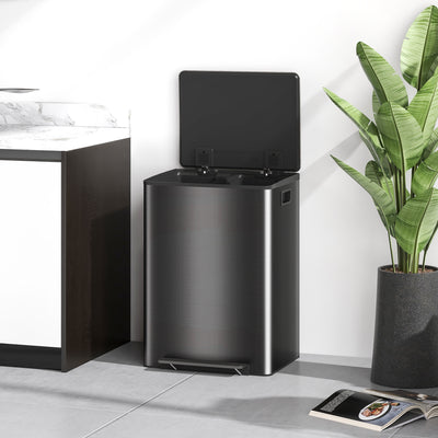 HOMCOM 60L Dual Compartment Stainless Steel Bin, with Deodoriser Holders - Black 