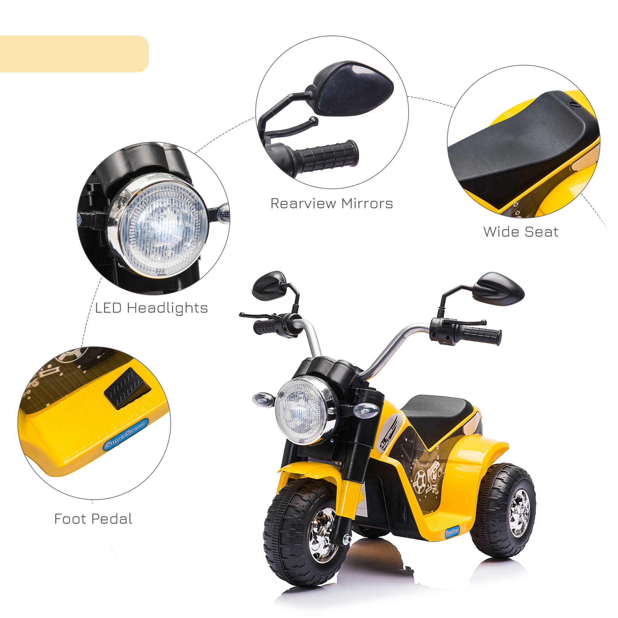 HOMCOM 6V Kids Electric Motorbike 3 Wheels Ride On Toy with Horn Headlights Realistic Sounds for Girl Boy 18 - 36 Months Yellow 