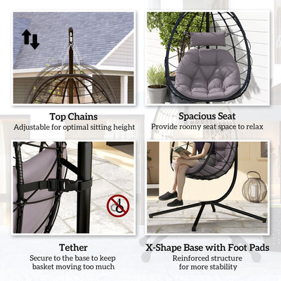 Outsunny Hanging Egg Chair Outdoor Indoor Garden Swing Chair with Folding Basket, Thickened Cushion, Garden Hanging Chair with Stand, Headrest for Patio, Balcony, Grey 
