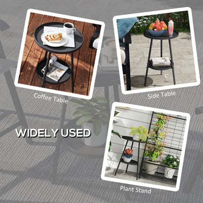 Outsunny Round Garden Table, 2-Tier Small Side Table, Metal Patio Table Coffee Table Dining Table for Porch Deck Balcony, Black 