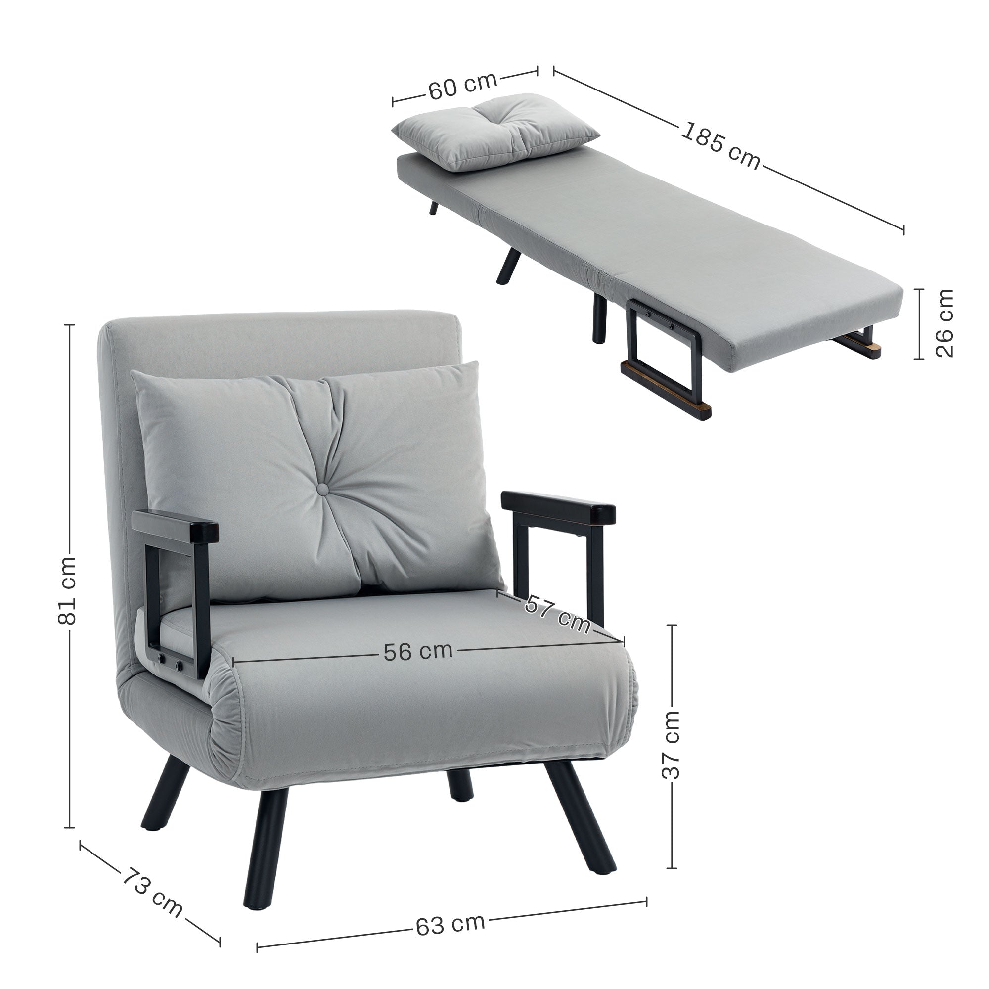 HOMCOM 4-in-1 Velvet-Feel Single Chair Bed, with Pillow - Light Grey 