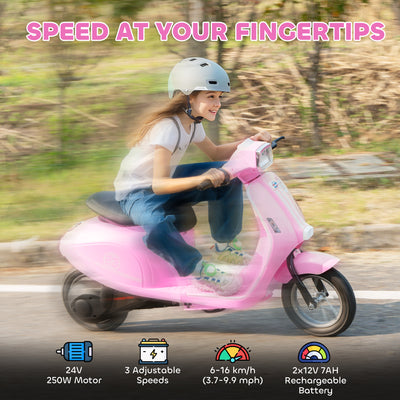 AIYAPLAY 24V Kids Electric Motorbike, Ride on Motorcycle with Manual Throttle, Brakes and LED Lights for Ages 8-12 Years, Pink 