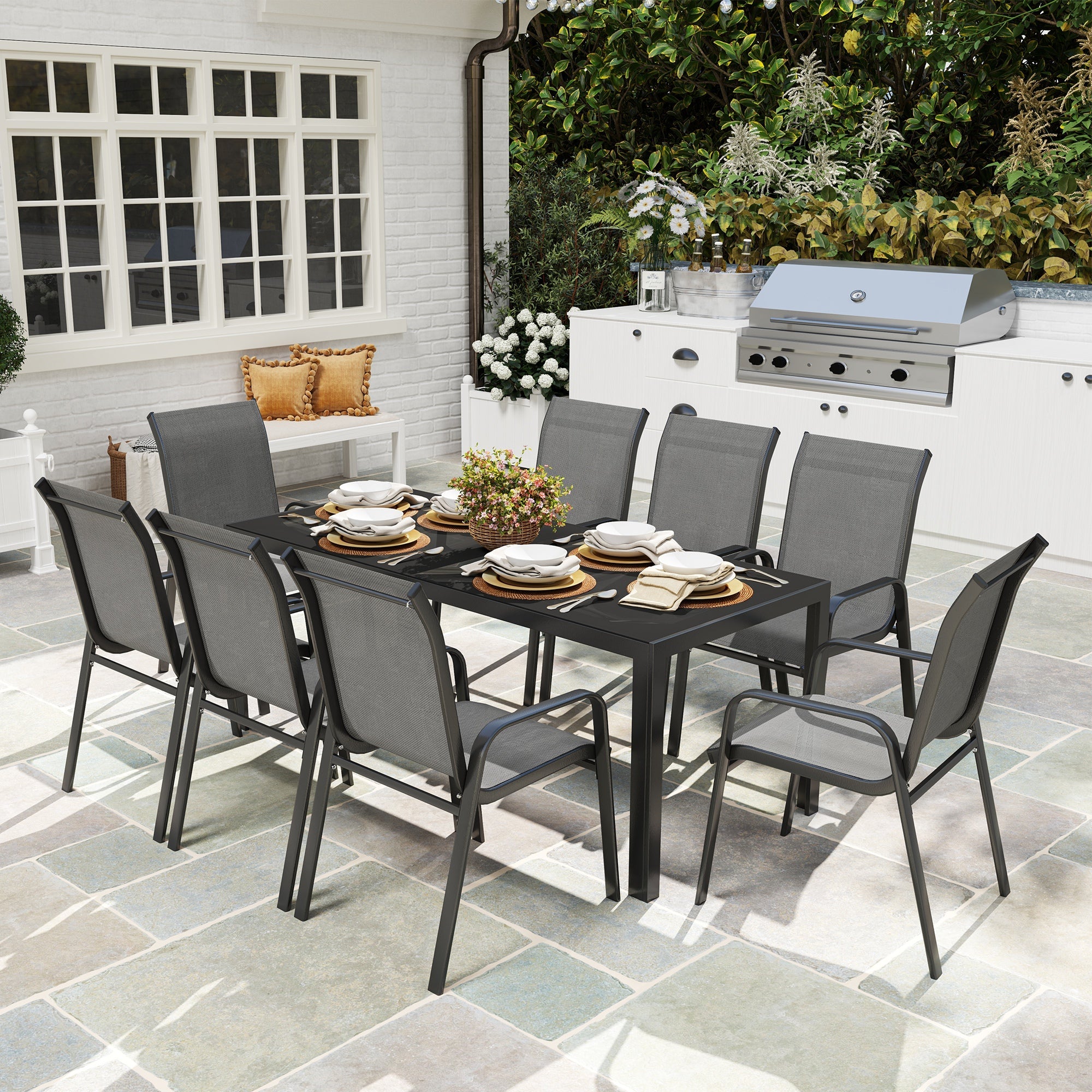 Outsunny 8 Seater Garden Dining Set with Stacking Chairs, Rectangular Tempered Glass Top, Garden Furniture Set, Outdoor Dining Table and Chairs for Patio, Balcony, Poolside, Dark Grey 