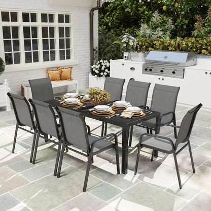 Outsunny 8 Seater Garden Dining Set with Stacking Chairs, Rectangular Tempered Glass Top, Garden Furniture Set, Outdoor Dining Table and Chairs for Patio, Balcony, Poolside, Dark Grey 