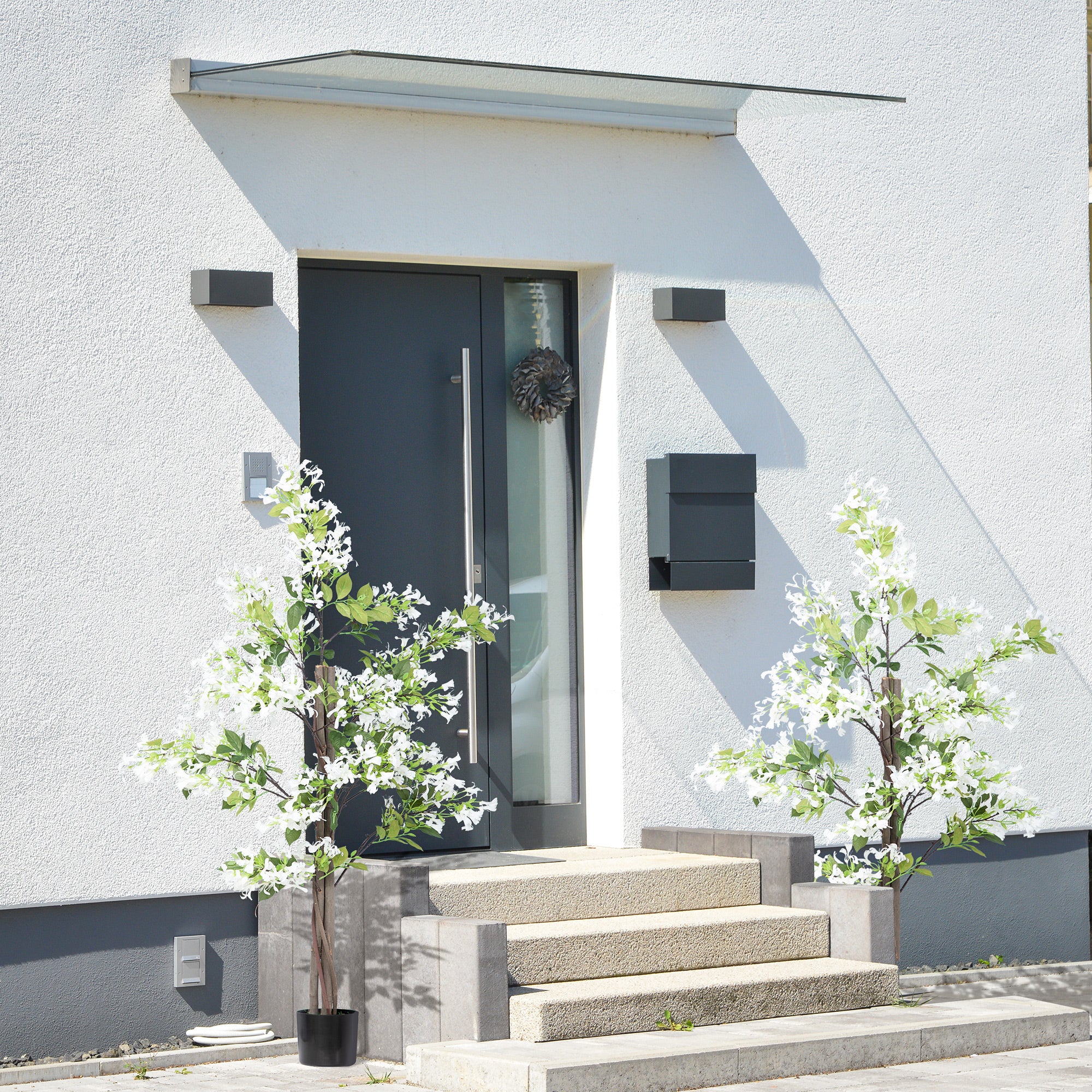 HOMCOM Artificial Plants Honeysuckle Flower in Pot Fake Plants with Curved Boots for Indoor Outdoor 15x15x150cm Set of 2 White 