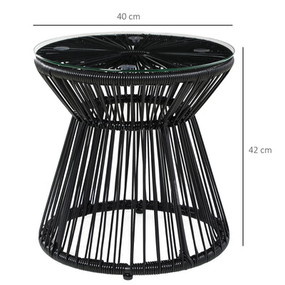 Outsunny Round End Table, Rattan Side Table, Hollow Drum Design Coffee Table w/ Glass Tabletop for Patio, Garden, Balcony Black 
