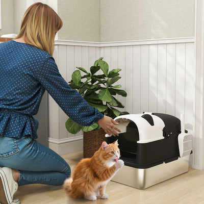PawHut Panda Style XL Stainless Steel Cat Litter Box with Lid, Enclosed Kitty Litter Box with Scoop, 60 x 40 x 45 cm 