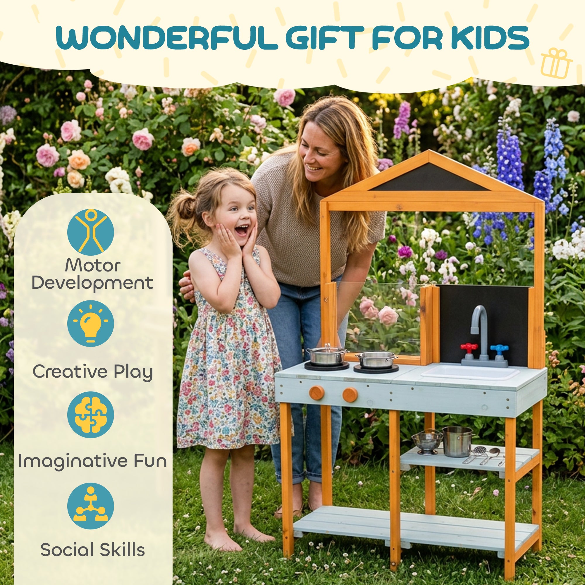 AIYAPLAY Mud Kitchen for Kids, Outdoor Wooden Play Kitchen with Sink, Stove, Cookware, Shelves, Pretend Play Toy for Ages 3-8 