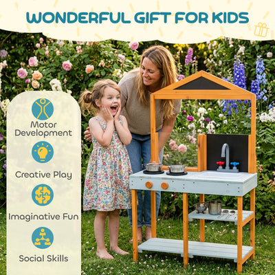 AIYAPLAY Mud Kitchen for Kids, Outdoor Wooden Play Kitchen with Sink, Stove, Cookware, Shelves, Pretend Play Toy for Ages 3-8 
