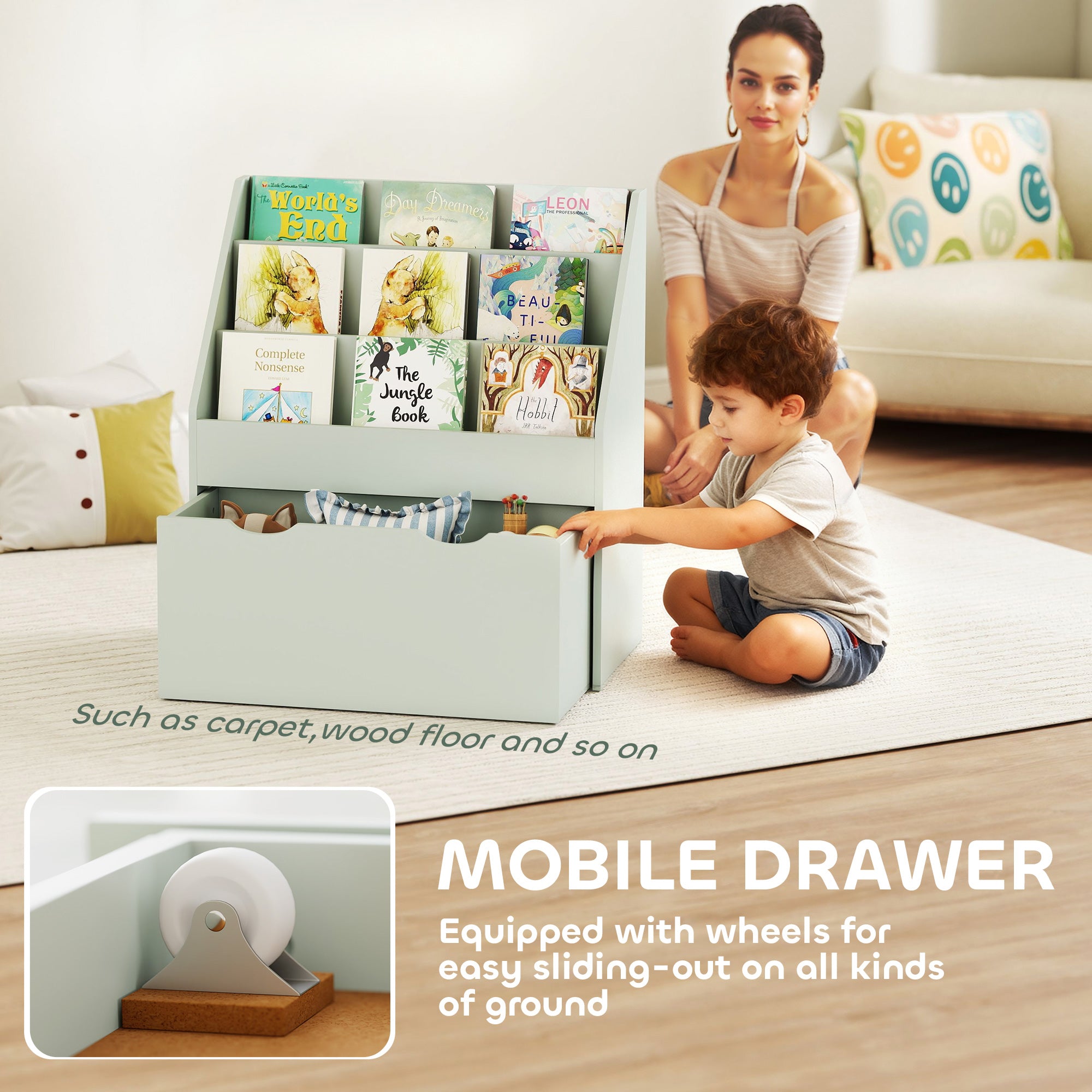 AIYAPLAY Bookcase for Kids with Shelves, Drawer, Bookcase for Bedroom, Playroom, Green 