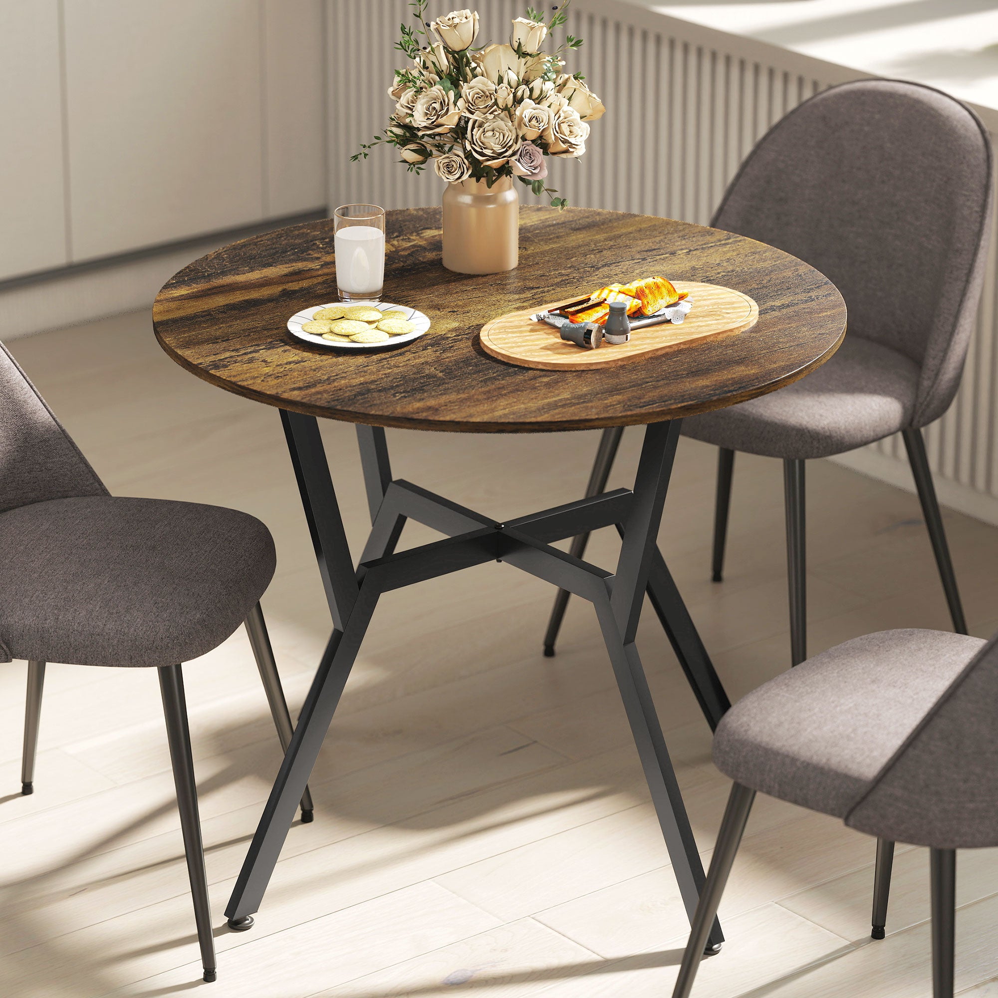HOMCOM Dining Table, Round Kitchen Table with Black Legs, Anti-slip Foot Pads for Living Room, Dining Room 90 x 76 cm, Rustic Brown 