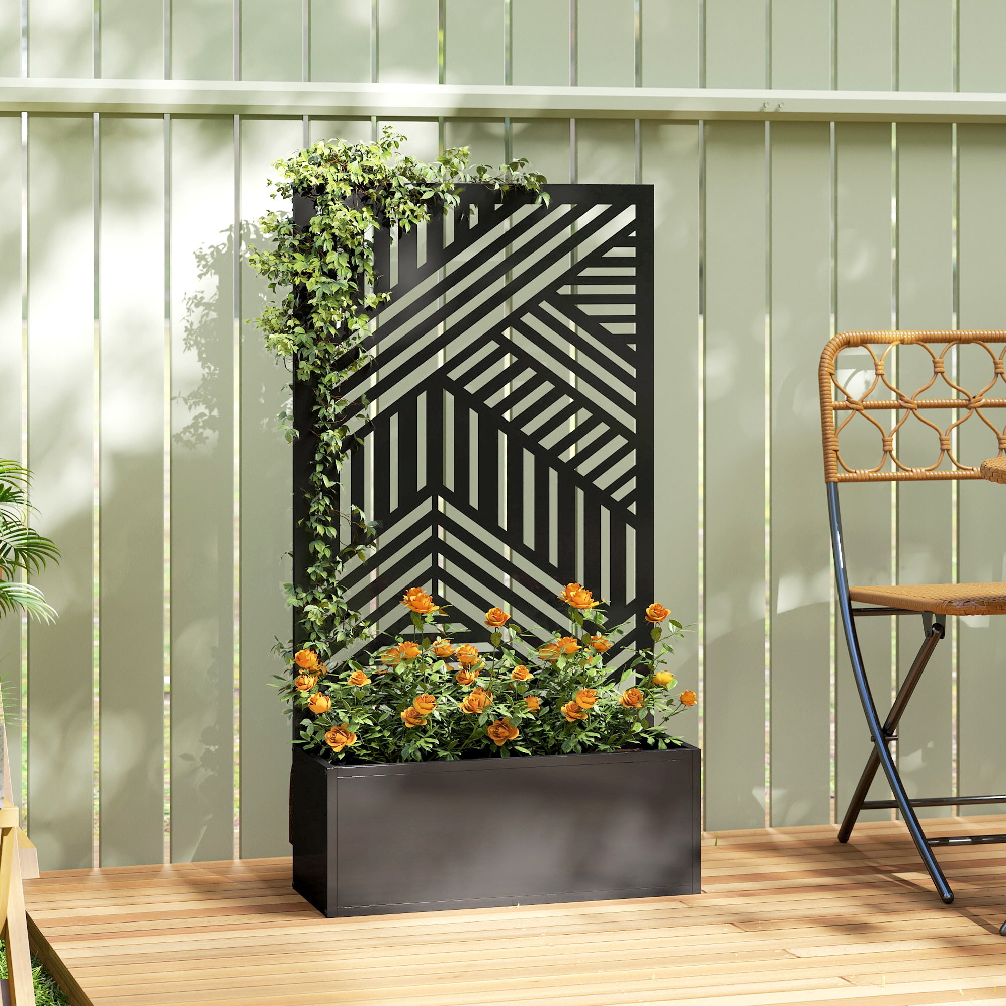 Outsunny Metal Garden Bed for Garden with Trellis, Raised Garden Bed with Privacy Screen, Geometric Slatted Cut-Out 