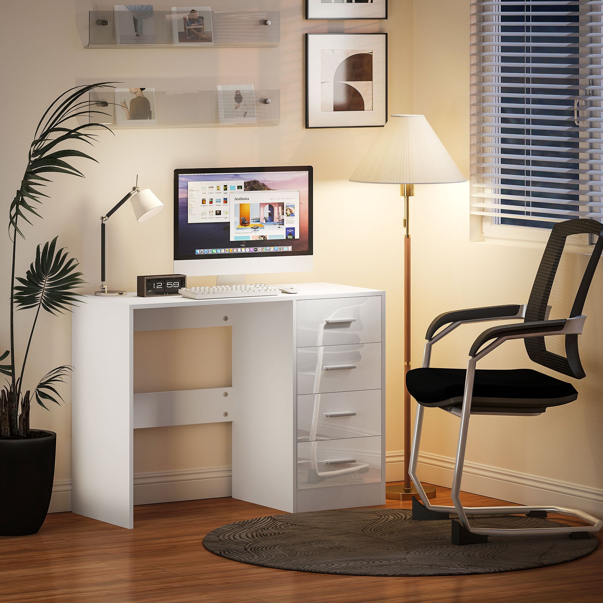 HOMCOM Computer Desk with Drawers, Dressing Table, High Gloss Home Office Writing Workstation, White 