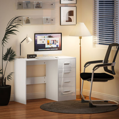 HOMCOM Computer Desk with Drawers, Dressing Table, High Gloss Home Office Writing Workstation, White 
