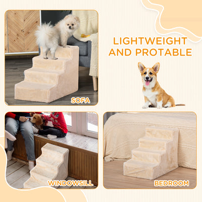 PawHut Four-Step Dog Stairs, with Washable Plush Cover, for High Bed Sofa, Dog Stairs for Small Dog and Cat - Beige 