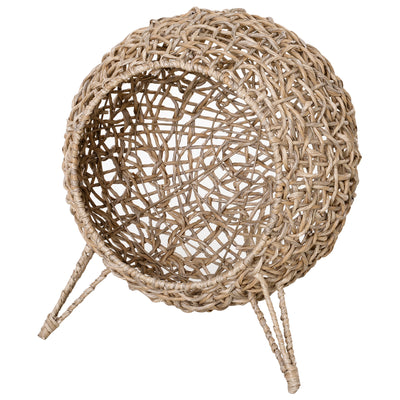 PawHut Wicker Cat Bed, Ball-Shaped Rattan Elevated Cat Basket with Three Tripod Legs, Cushion - Natural Wood Finish 