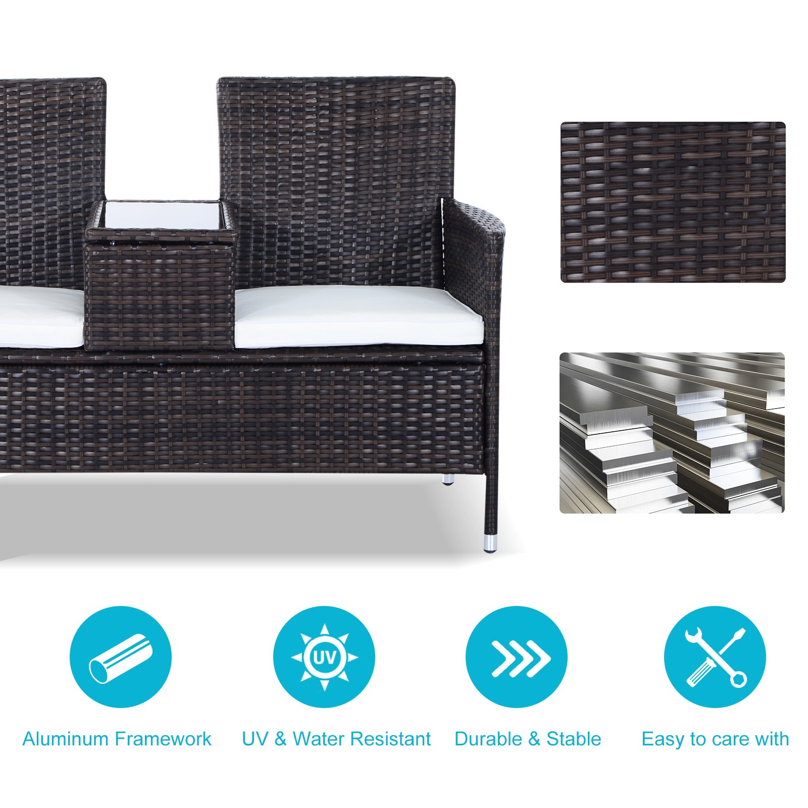 Outsunny 2-Seater Rattan Chair Furniture Set W/ Middle Tea Table-Brown 