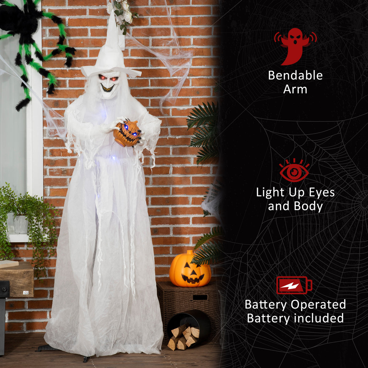 Outsunny 74 Inch Halloween Decorations White Witch Holding Pumpkin Head, Standing Skeleton Ghost Prop Life Size with Light Up Eyes and Body 