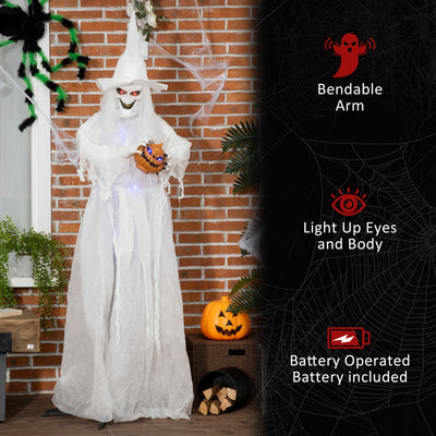 Outsunny 74 Inch Halloween Decorations White Witch Holding Pumpkin Head, Standing Skeleton Ghost Prop Life Size with Light Up Eyes and Body 