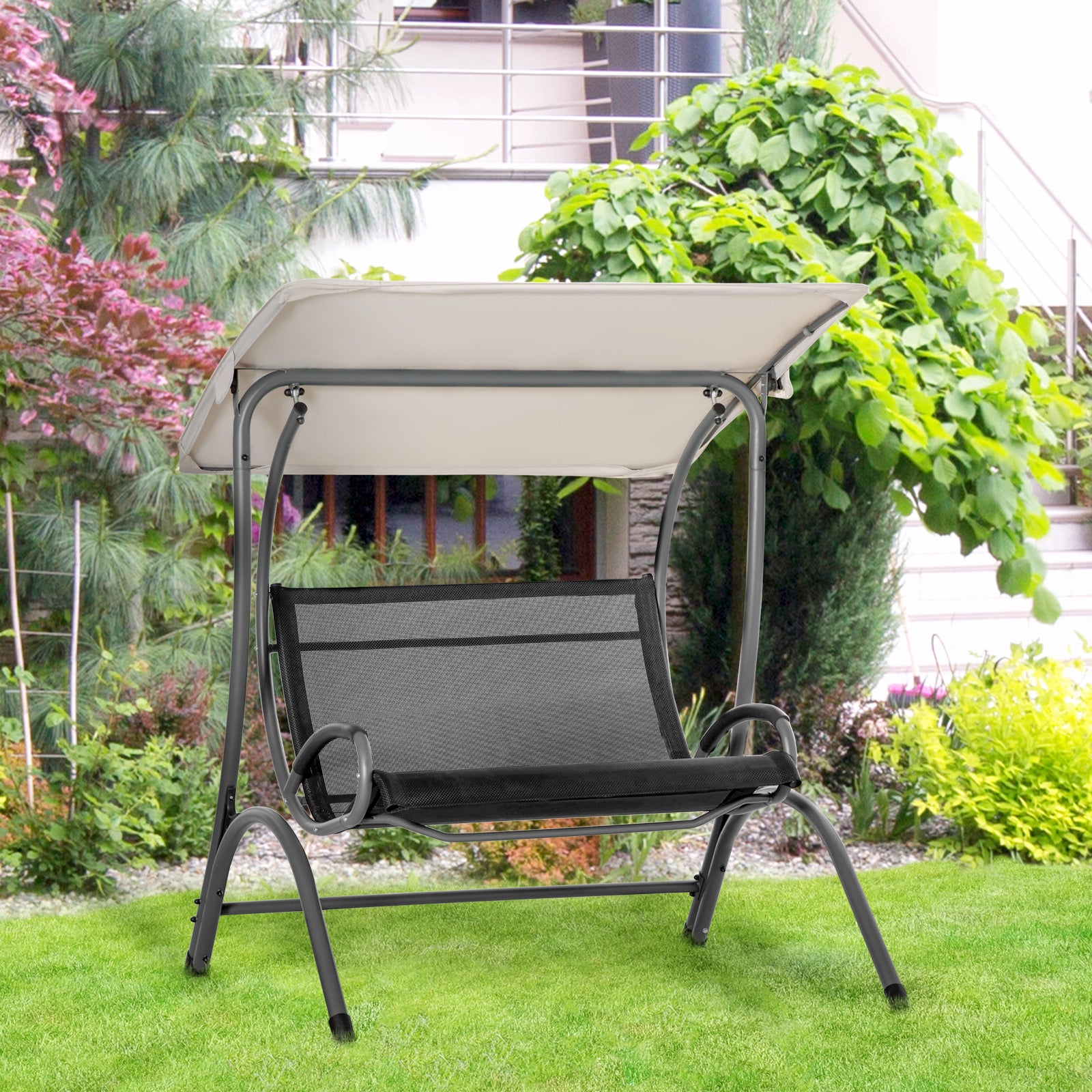 Outsunny 2 Seater Garden Swing Seat Double Bed Swing Chair Outdoor Hammock Bench w/ Adjustable Tilting Canopy, Texteline Seats and Steel Frame, Beige 