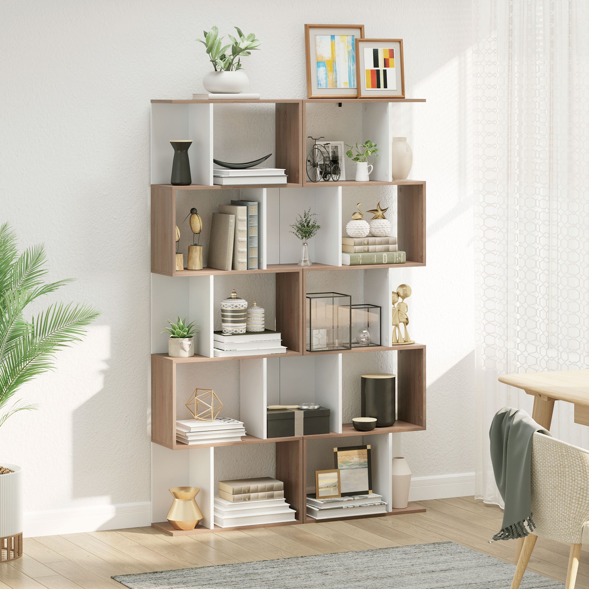 HOMCOM 5-tier Bookcase Storage Display Shelving S Shape design Unit Divider Natural 