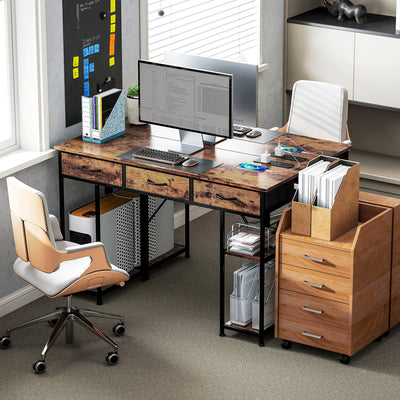 HOMCOM 120cm Computer Desk with Power Outlets, Office Desk Study Table with Fabric Drawers and Storage Shelves, Rustic Brown 