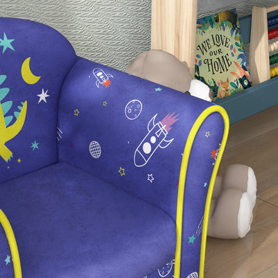 AIYAPLAY Kids Armchair with Planet Dinosaurs Design, Wooden Frame, for Bedroom, Playroom, Kids Room - Blue 