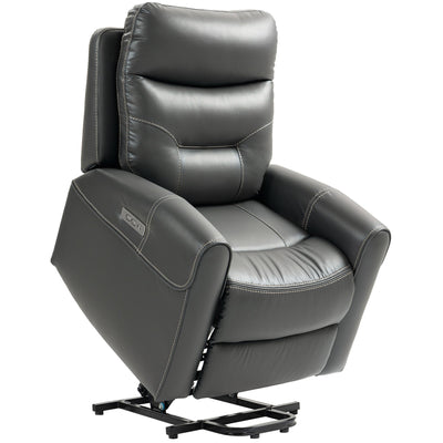 HOMCOM Power Lift Recliner Chair for Elderly, Overstuffed Faux Leather Riser and Reclining Chair with USB A+C Ports, Remote Control, Recliner Armchair for Living Room, Charcoal Grey 