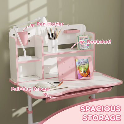 AIYAPLAY Height Adjustable Kids Desk and Chair Set, Children School Study Desk with Tiltable Desktop, Reading Rack,  Pink 