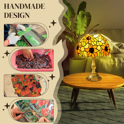HOMCOM Stained Glass Table Lamp, Handmade Antique Bedside Lamp for Bedroom, Living room, Home, Nightstand, Decorative Night Light, Orange Sunflower 