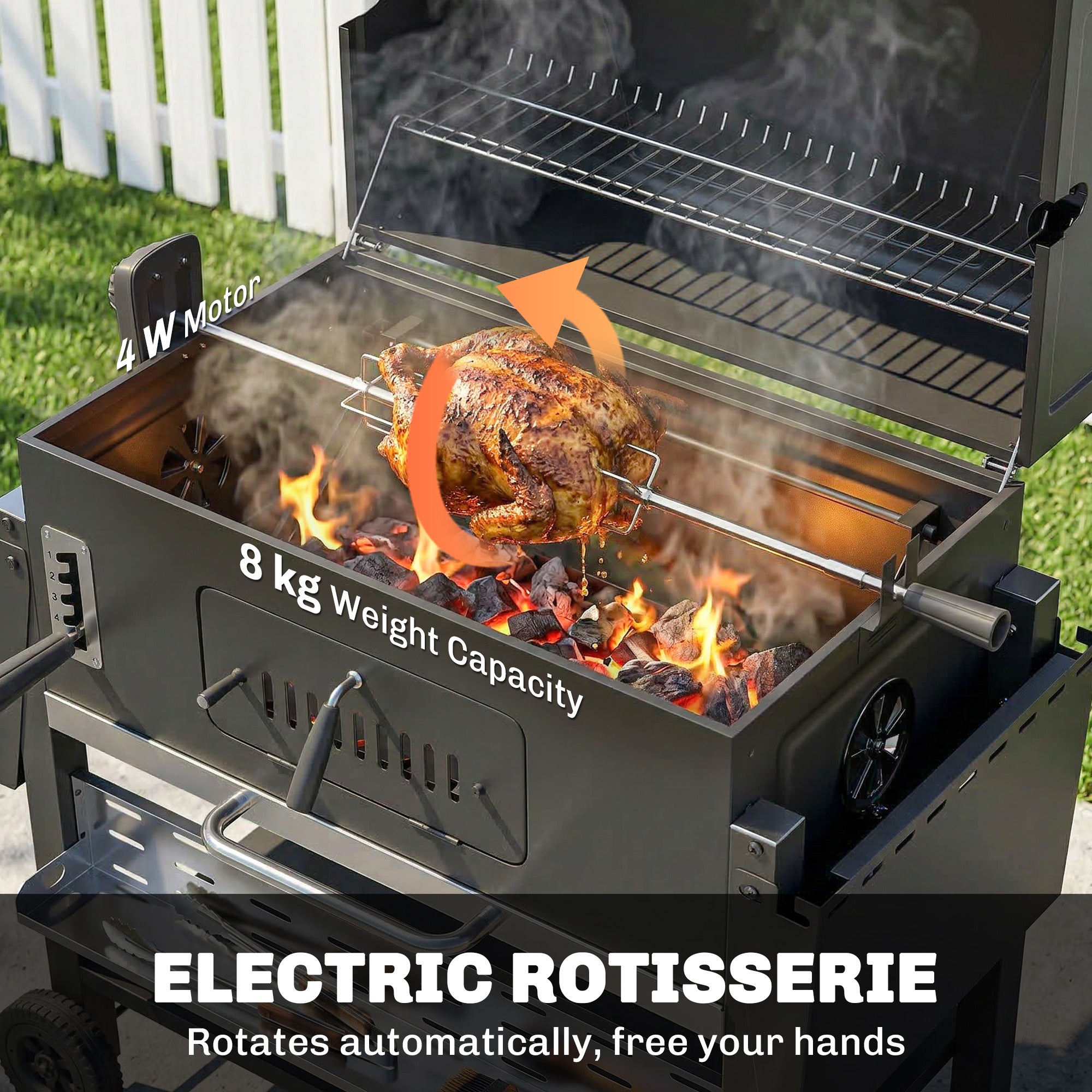 Outsunny Charcoal BBQ Grill Smoker with Electric Rotisserie Kit, Portable Barbecue Grill with Warming Rack, Black 