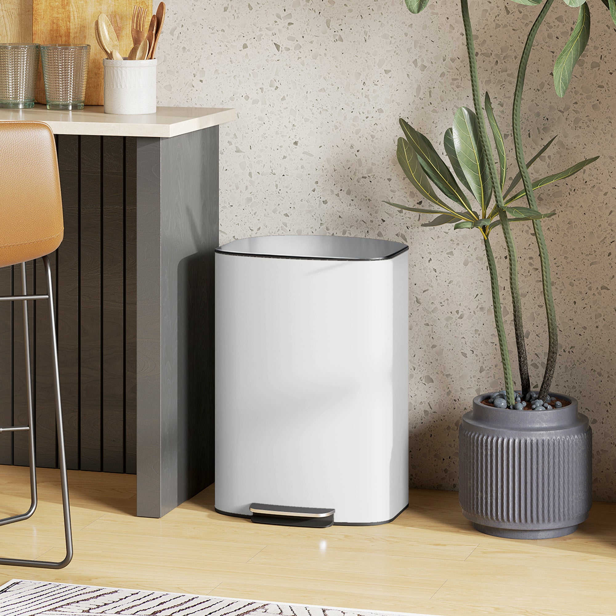 HOMCOM 50L Kitchen Bin with Soft-Close Lid and Stay-Open Function, Stainless Steel Pedal Bin with Removable Inner Bucket, Carry Handle for Kitchen, Office, Home, Cream 