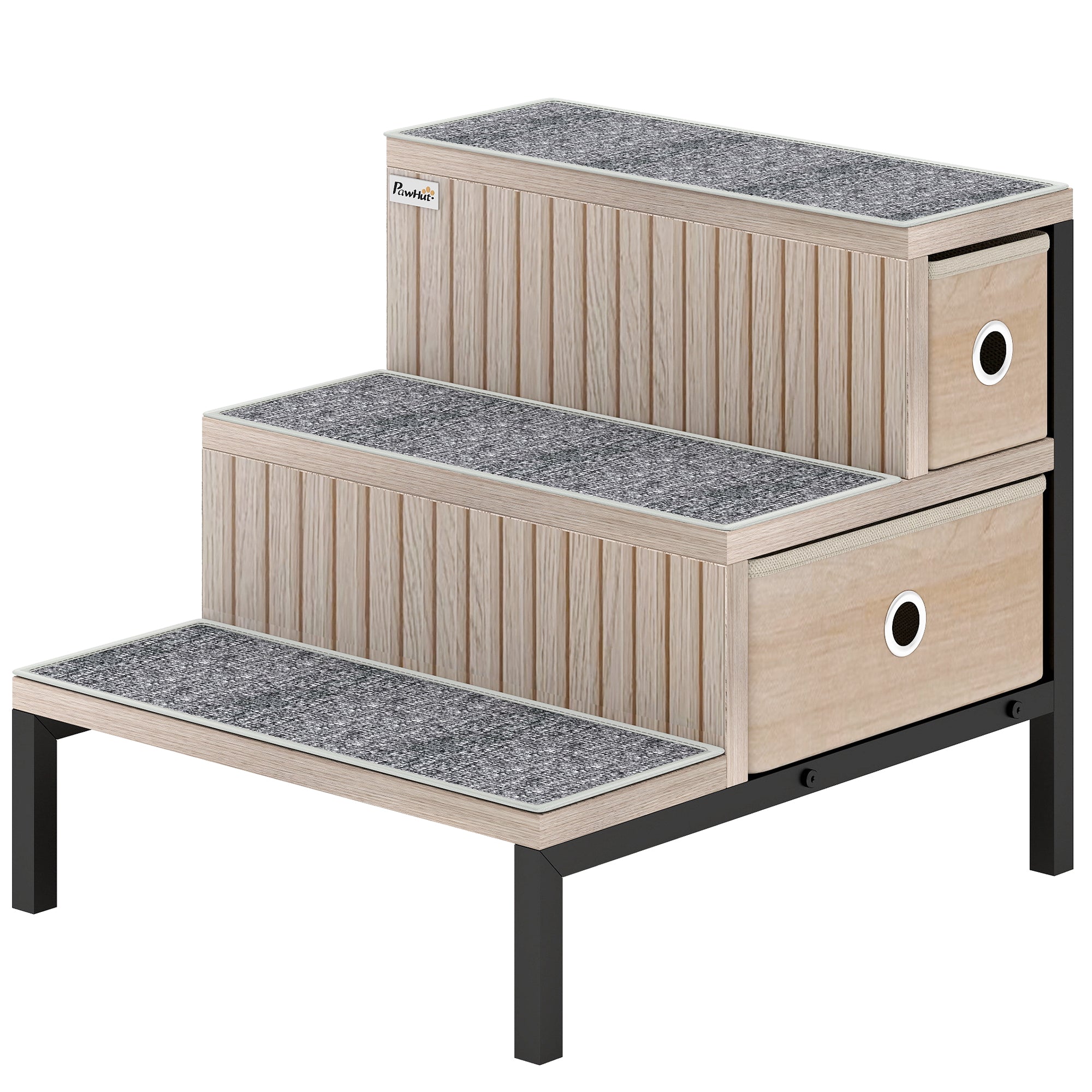PawHut Dog Stairs with Storage, Non-Slip Cover, Pet Steps for Small Dogs & Older Cats, for Sofa, High Bed, Oak Tone 