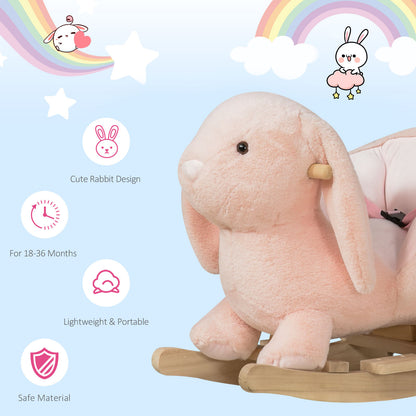 HOMCOM Kids Children Rocking Horse Plush Ride On Rabbit Seat w/ Sound Wood Base Seat Safety Belt Toddler Baby Toy Rocker Pink 18 - 36 Months 