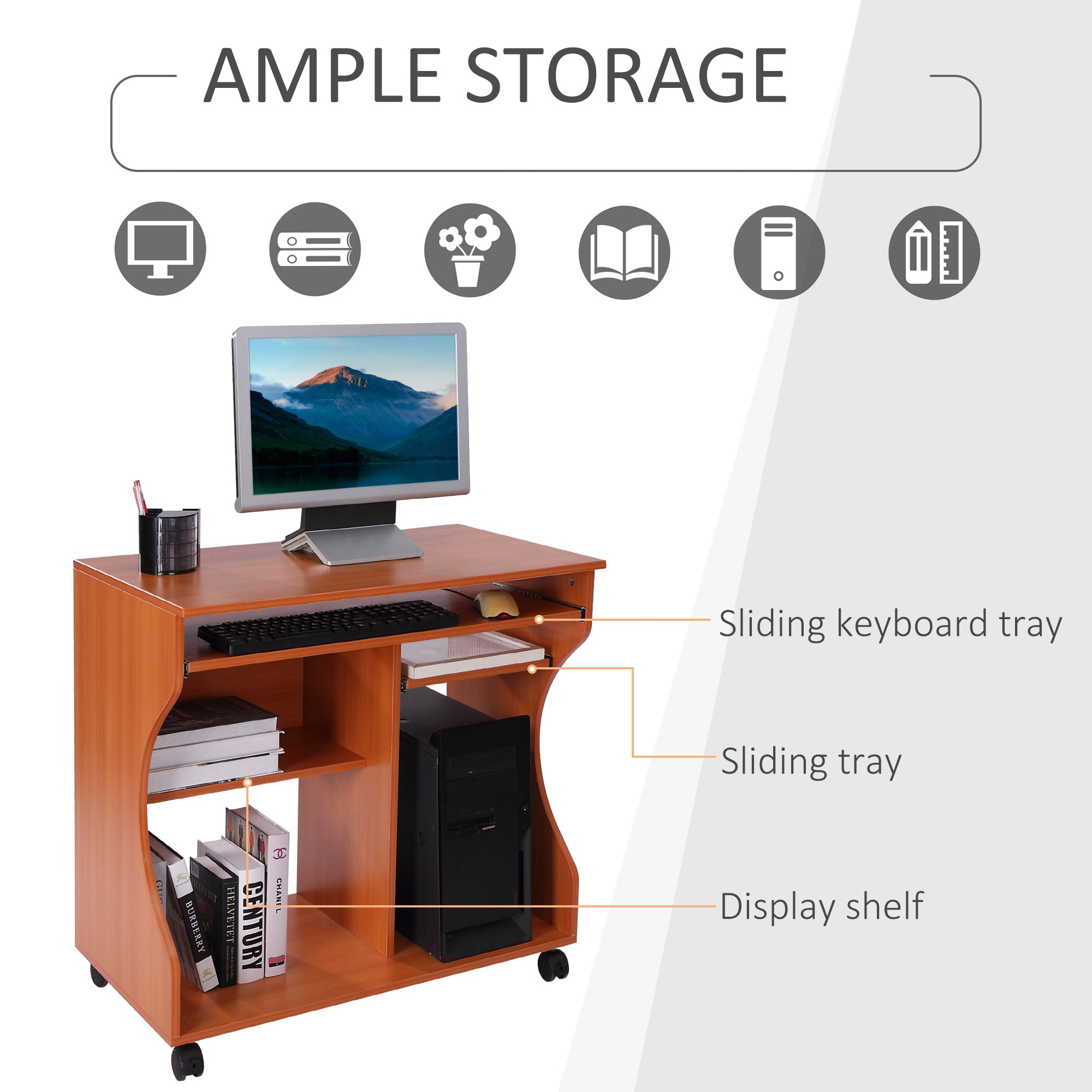 HOMCOM Multi-Storage Compact Work Desk, with Wheels - Cherry Wood Colour 
