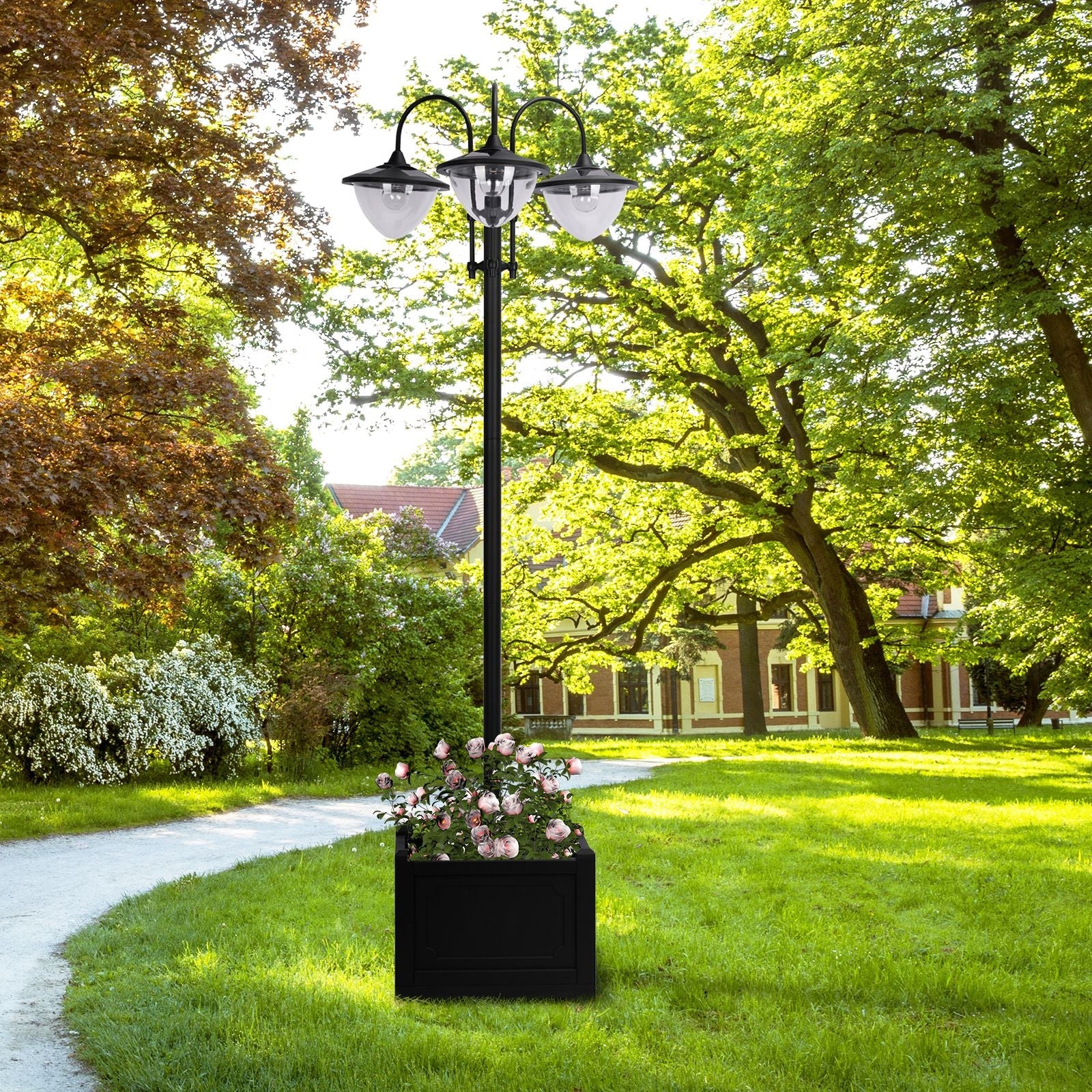 Outsunny 189cm 3-head Solar Lamp Post, Street Light with Planter, Automatic-on, 6 Hour Max Outdoor Ready LED Lighting, Black 
