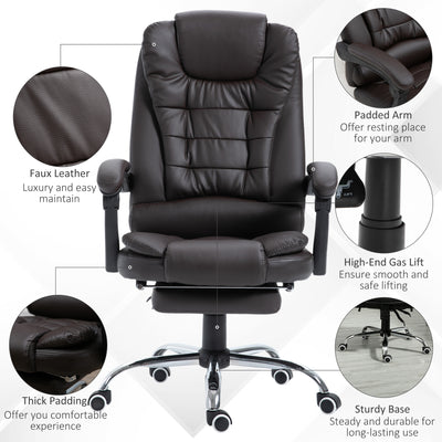 HOMCOM PU Leather Executive Office Chair, High Back Swivel Chair with Retractable Footrest, Adjustable Height, Reclining Function, Brown 