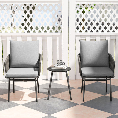 Outsunny 3-Piece Rattan Bistro Set, Garden Table and Chairs with 4 Cushions, Patio Rattan Conversation Furniture Set for Balcony, Porch, Terrace, Grey 