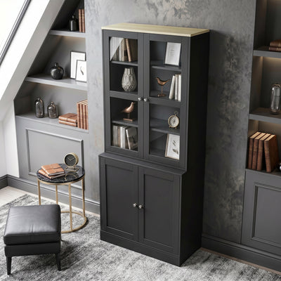 HOMCOM Modern Bookcase Display Storage Unit with Glass Doors Adjustable Shelves, Black
