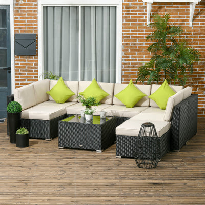 Outsunny 8 Pieces PE Rattan Corner Sofa Set, Outdoor Garden Furniture Set, Patio Wicker Sofa Seater w/ Cushion, Washable Cushion Cover & Tempered Glass Table, Black 