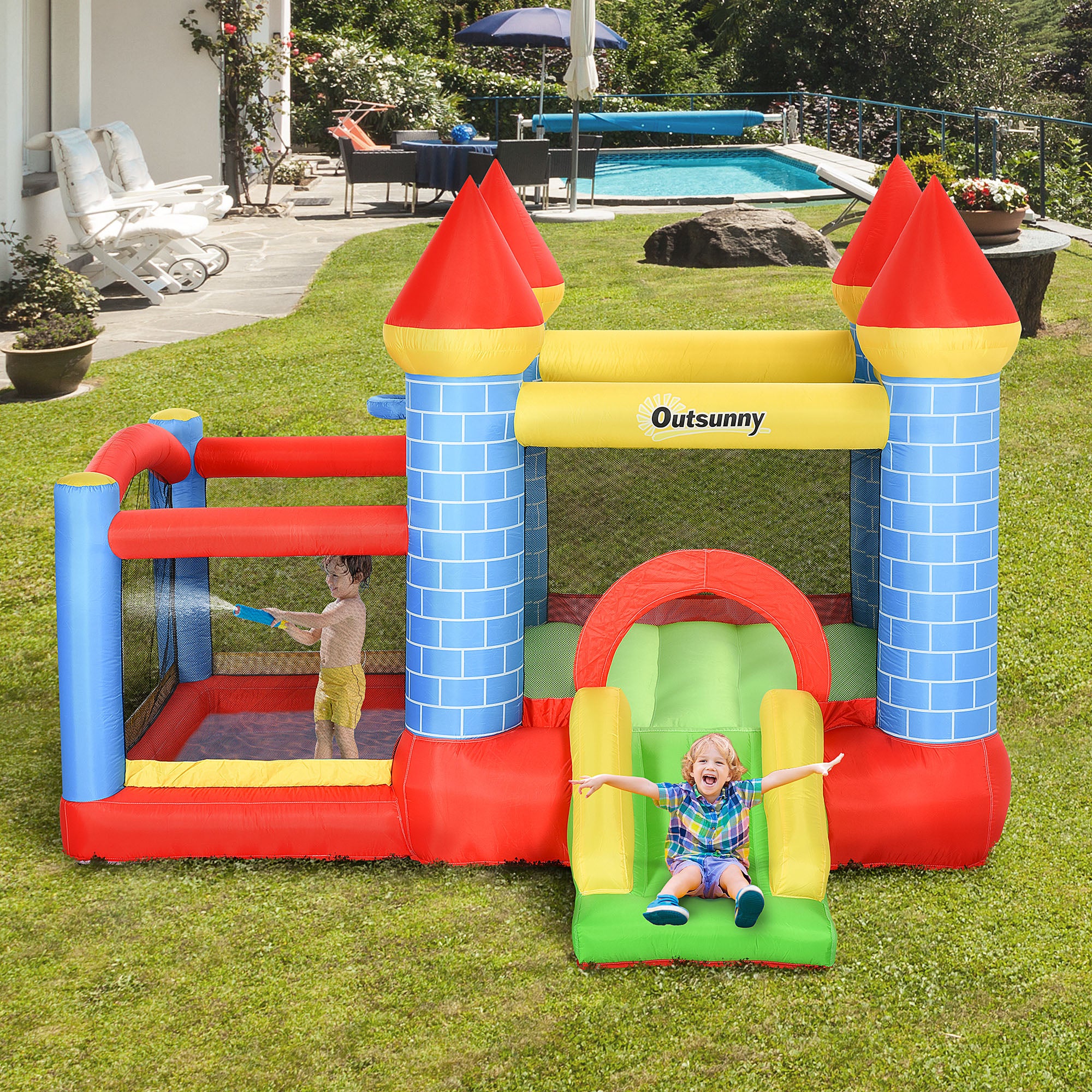 Outsunny Kids Bounce Castle Inflatable Trampoline Slide Pool Basket for Kids Age 3-10, 3 x 2.75 x 2.1m 
