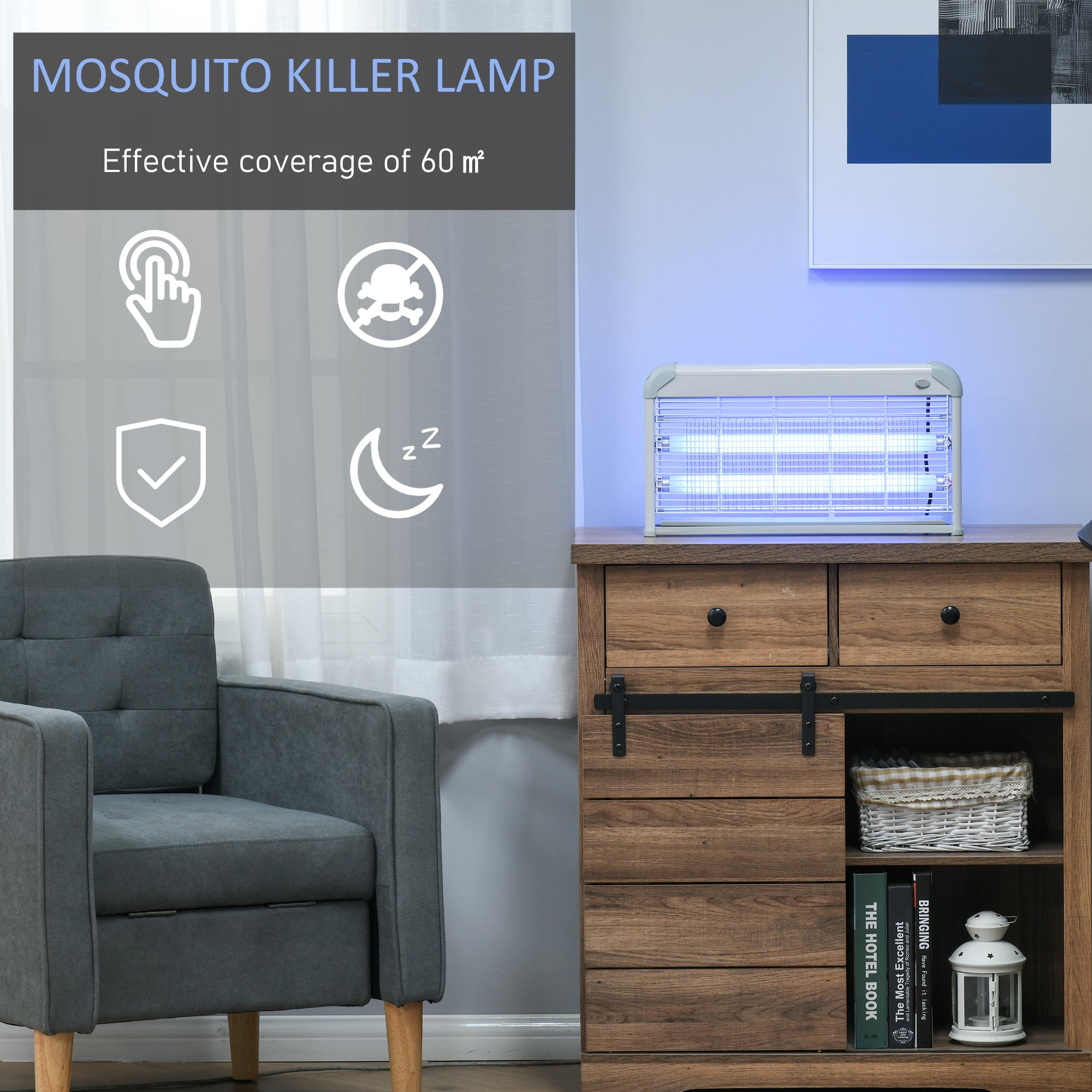 Outsunny Wall Hanging Bug Zapper, 30W Electric Fly Zapper Mosquito Killer, 60㎡ Coverage Insect Killer, Indoor Outdoor Use, Grey 