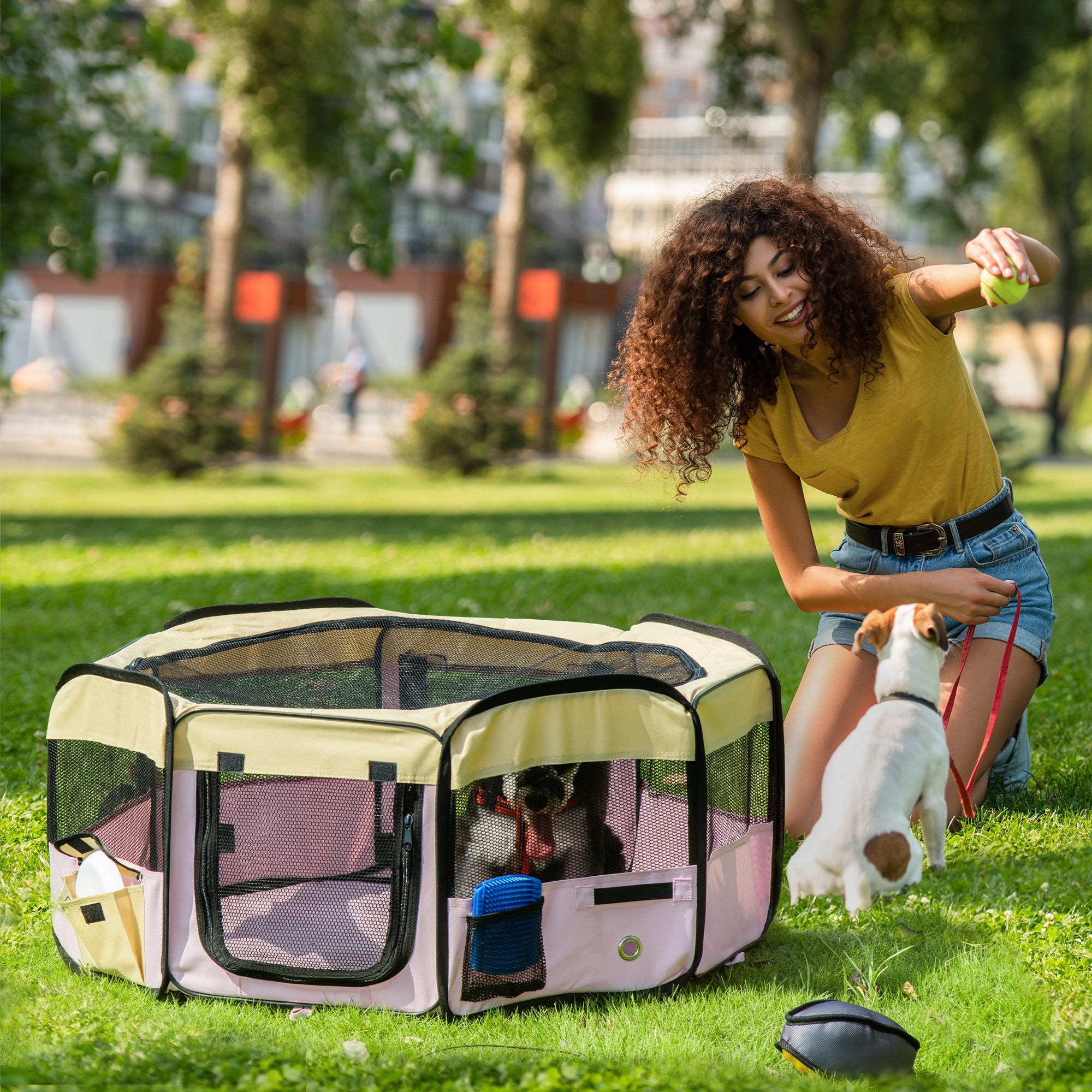 PawHut Fabric Pet Whelping Box Dog Cat Puppy Playpen Rabbit Guinea Pig Play Pen in Pink With Carry Bag Small Dia 90 x 41Hcm 