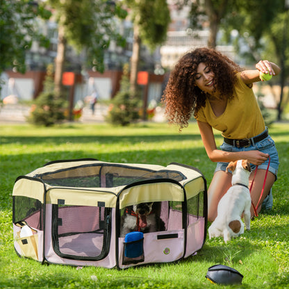 PawHut Fabric Pet Whelping Box Dog Cat Puppy Playpen Rabbit Guinea Pig Play Pen in Pink With Carry Bag Small Dia 90 x 41Hcm 