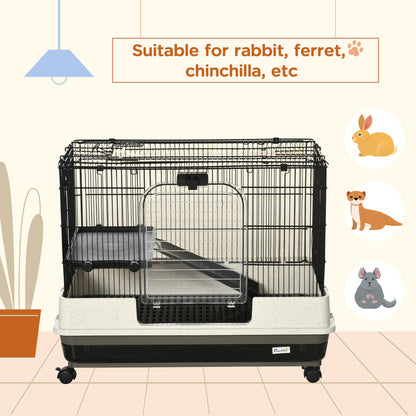 PawHut 2 Tier Rolling Small Animal Rabbit Cage Chinchillas Hutch Pet Play House with Platform Ramp Removable Tray 80 x 52.7 x 66 cm 