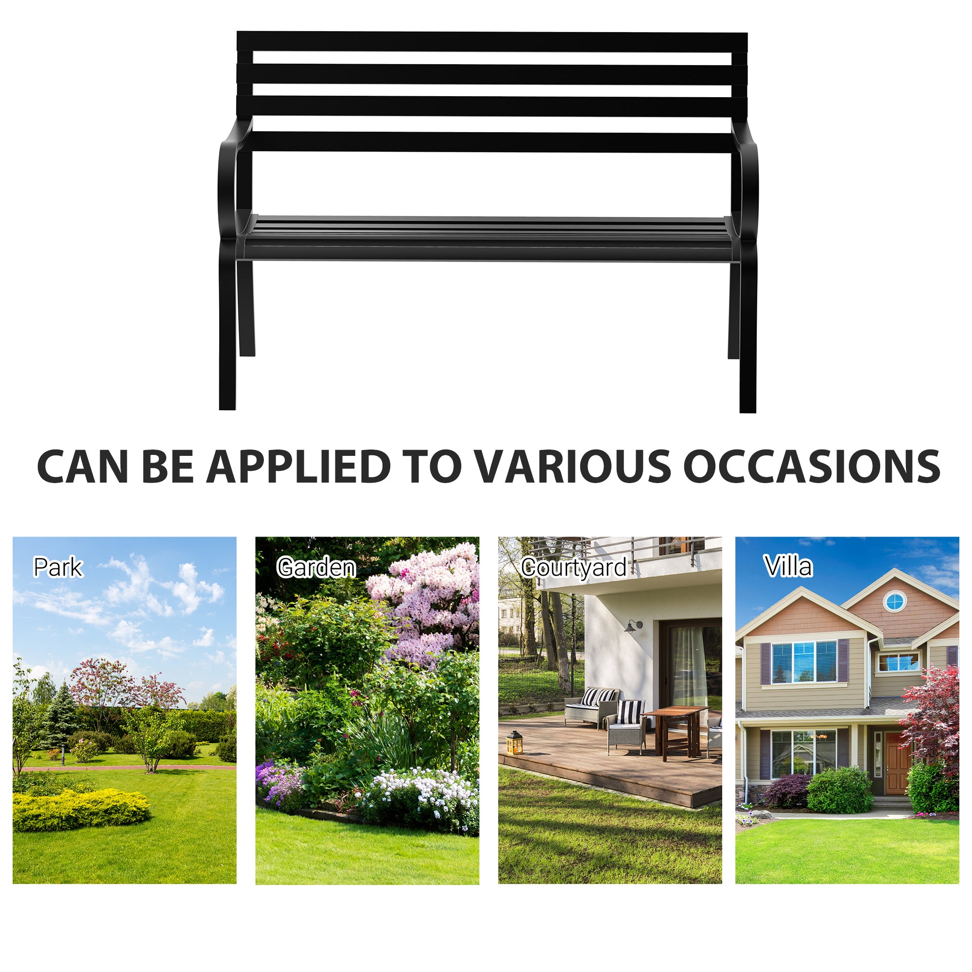 Outsunny Stylish 2 Seater Metal Garden Porch Chair Bench Stable Patio Outdoor Park Metal Bench - Black 