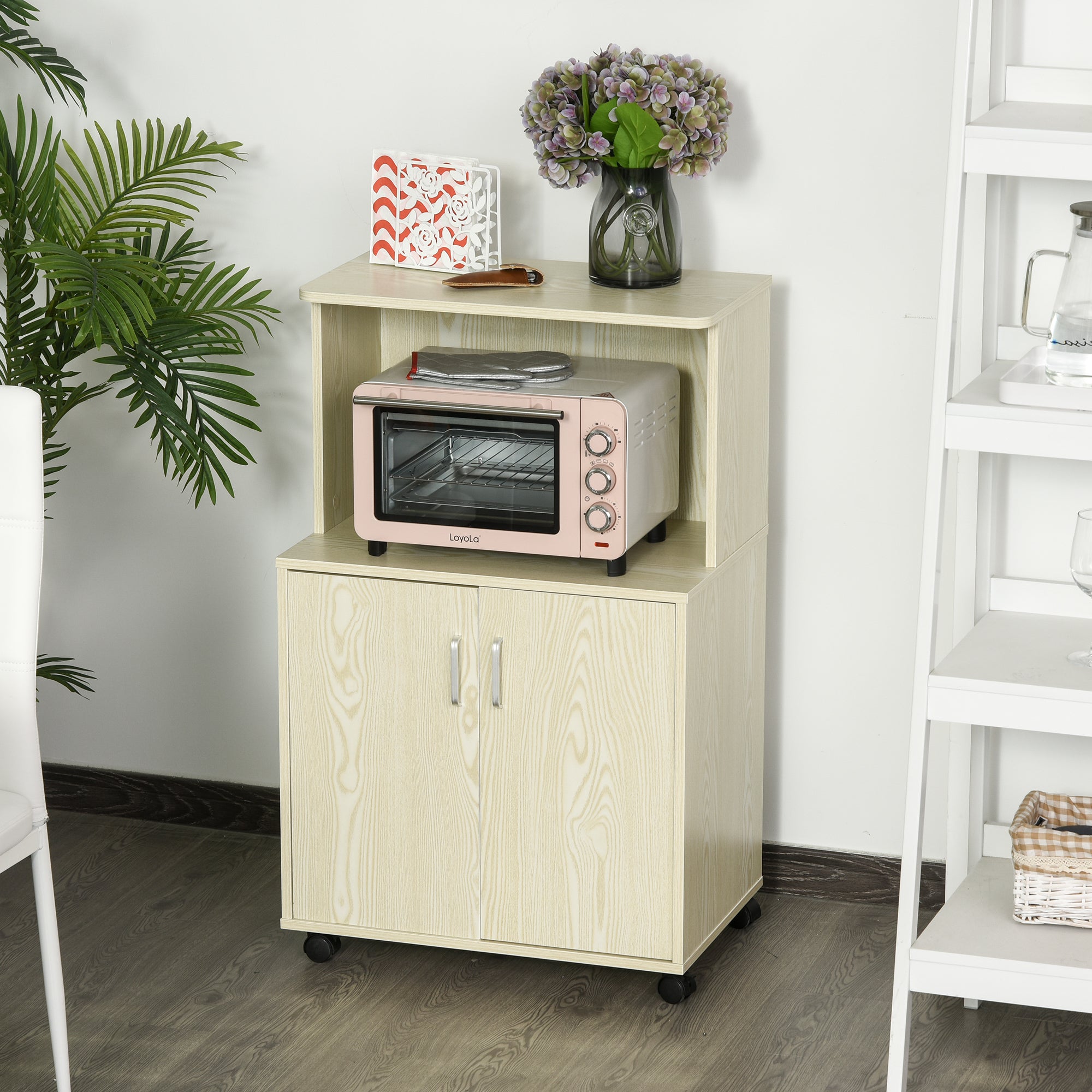 HOMCOM Kitchen Storage Unit, Modern Microwave Stand Trolley Cart, Sideboard with Cabinet,  Locking Wheels, Shelf for Living Room, Dining Room, Oak Tone 